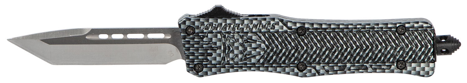 CobraTec Knives CTK-1 Small 2.75" OTF Tanto Plain D2 Steel Blade Carbon Fiber Pattern Aluminum Handle with Glass Breaker