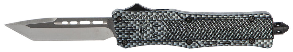 CobraTec Knives CTK-1 Small 2.75" OTF Tanto Plain D2 Steel Blade Carbon Fiber Pattern Aluminum Handle with Glass Breaker