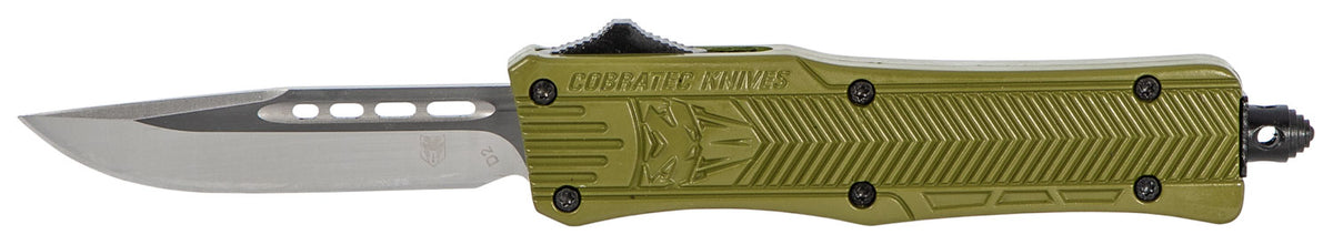 CobraTec Knives CTK-1 Small 2.75" OTF Drop Point Plain D2 Steel Blade OD Green Aluminum Handle with Glass Breaker