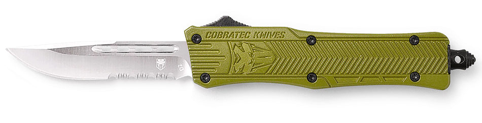 CobraTec Knives CTK-1 Small 2.75" OTF Drop Point Partially Serrated D2 Steel Blade OD Green Aluminum Handle with Glass Breaker