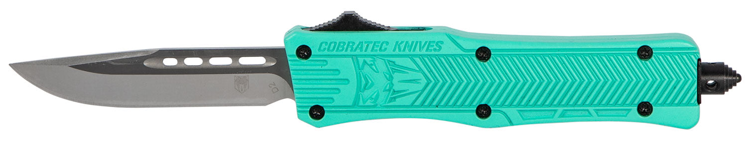 CobraTec Knives CTK-1 Small 2.75" OTF Drop Point Plain D2 Steel Blade Tiffany Blue Aluminum Handle with Glass Breaker