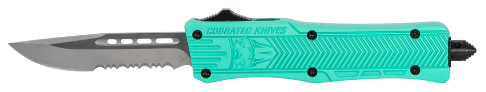 CobraTec Knives CTK-1 Small 2.75" OTF Drop Point Partially Serrated D2 Steel Blade Tiffany Blue Aluminum Handle with Glass Breaker