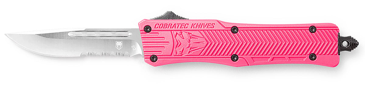 CobraTec CTK-1 Small 2.75" OTF Part Serrated D2 Steel Blade Pink Aluminum Handle with Glass Breaker