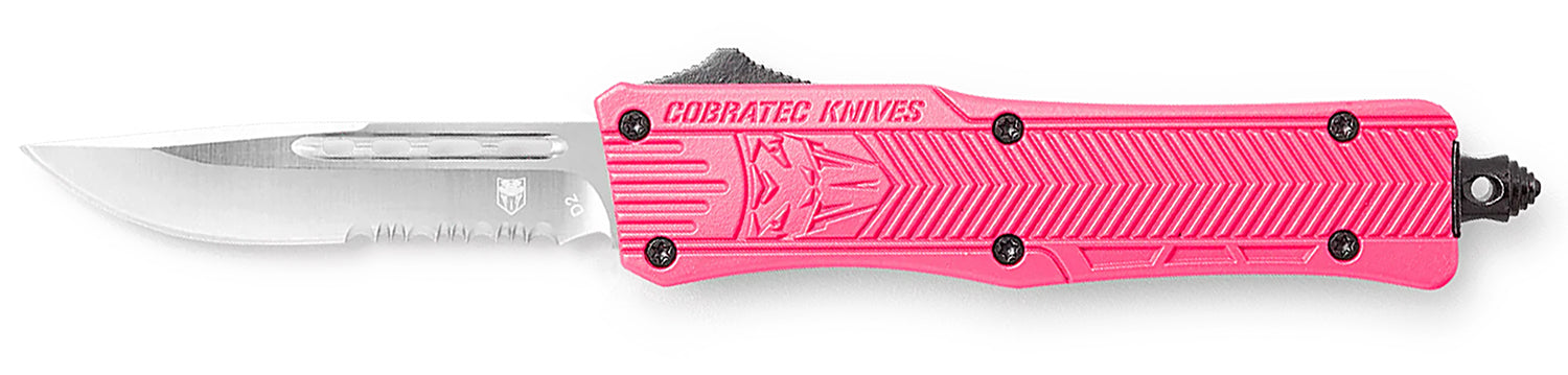 CobraTec CTK-1 Small 2.75" OTF Part Serrated D2 Steel Blade Pink Aluminum Handle with Glass Breaker