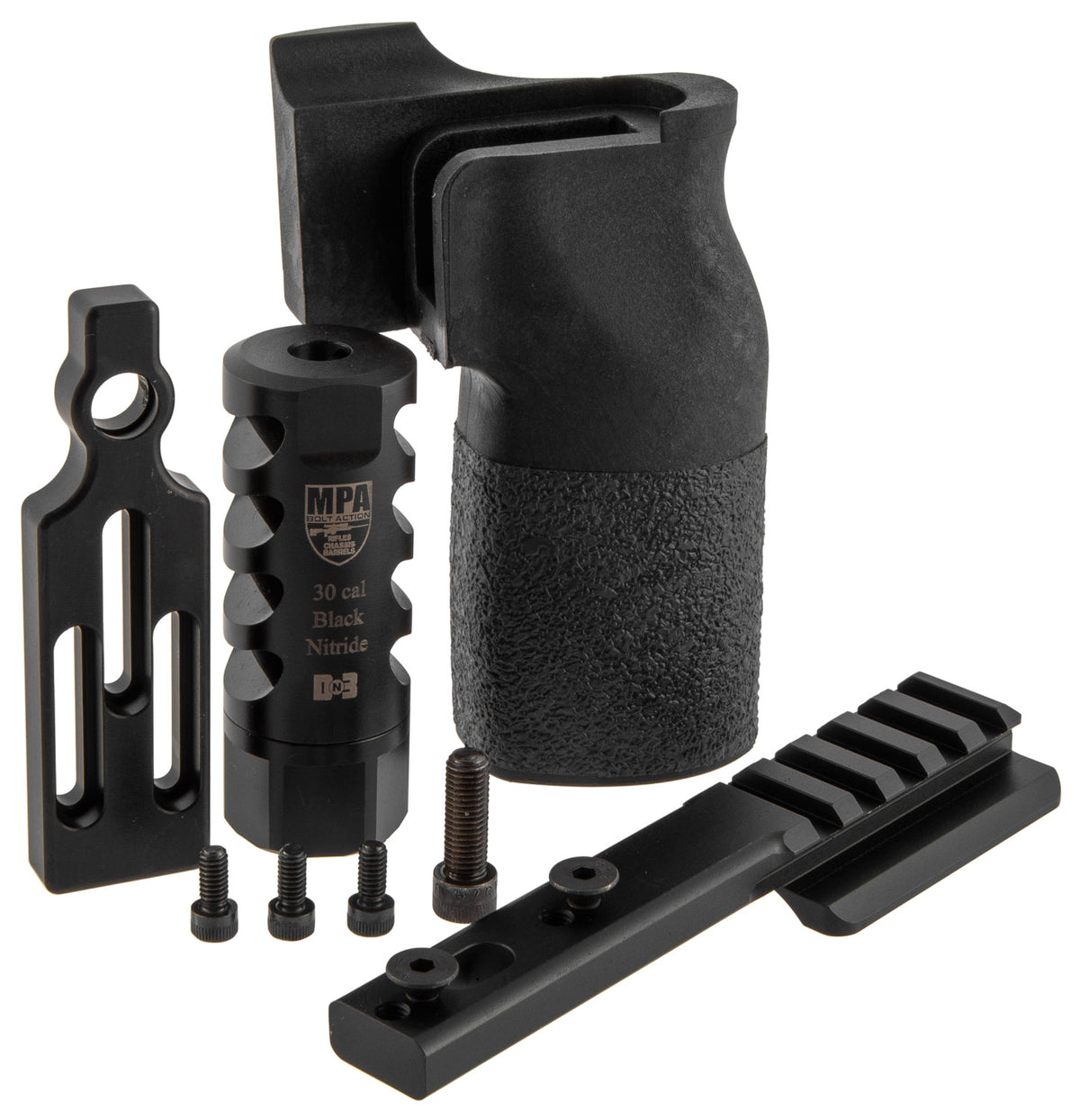 MasterPiece Arms PMR 6.5 Creedmoor Accessory Upgrade Bundle: Muzzle Brake, Grip, Spigot Mount, Bag Rider