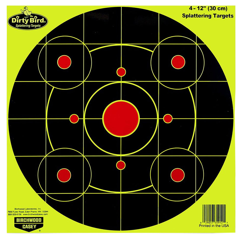 Birchwood Casey Dirty Bird 12" Bullseye Hanging Paper Target Yellow Splatter 25 Per Pkg