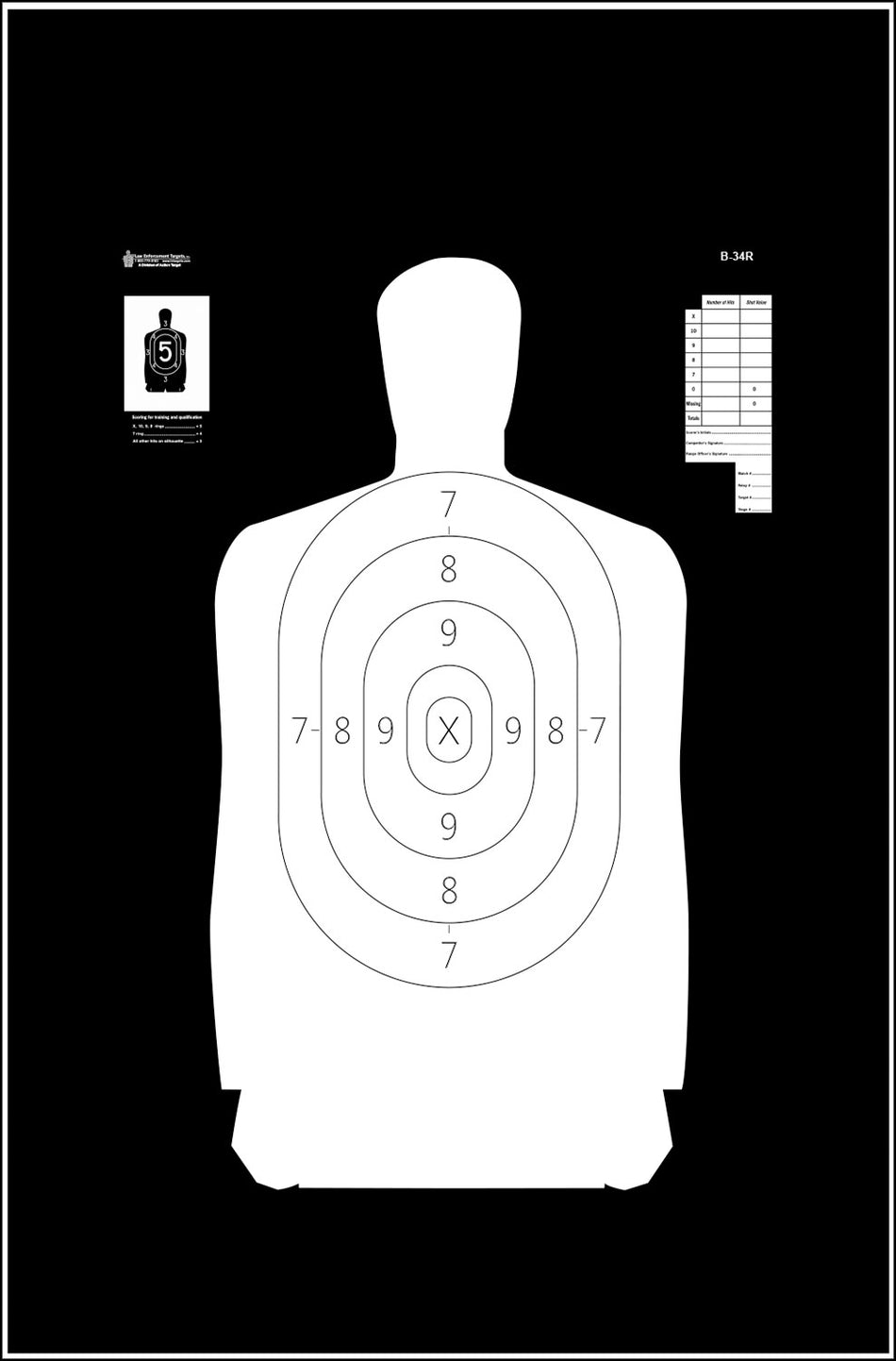 Action Target B-34R Reverse Silhouette Qualification Paper Target 25 Yards 17.5" x 23" Black/White Box of 100