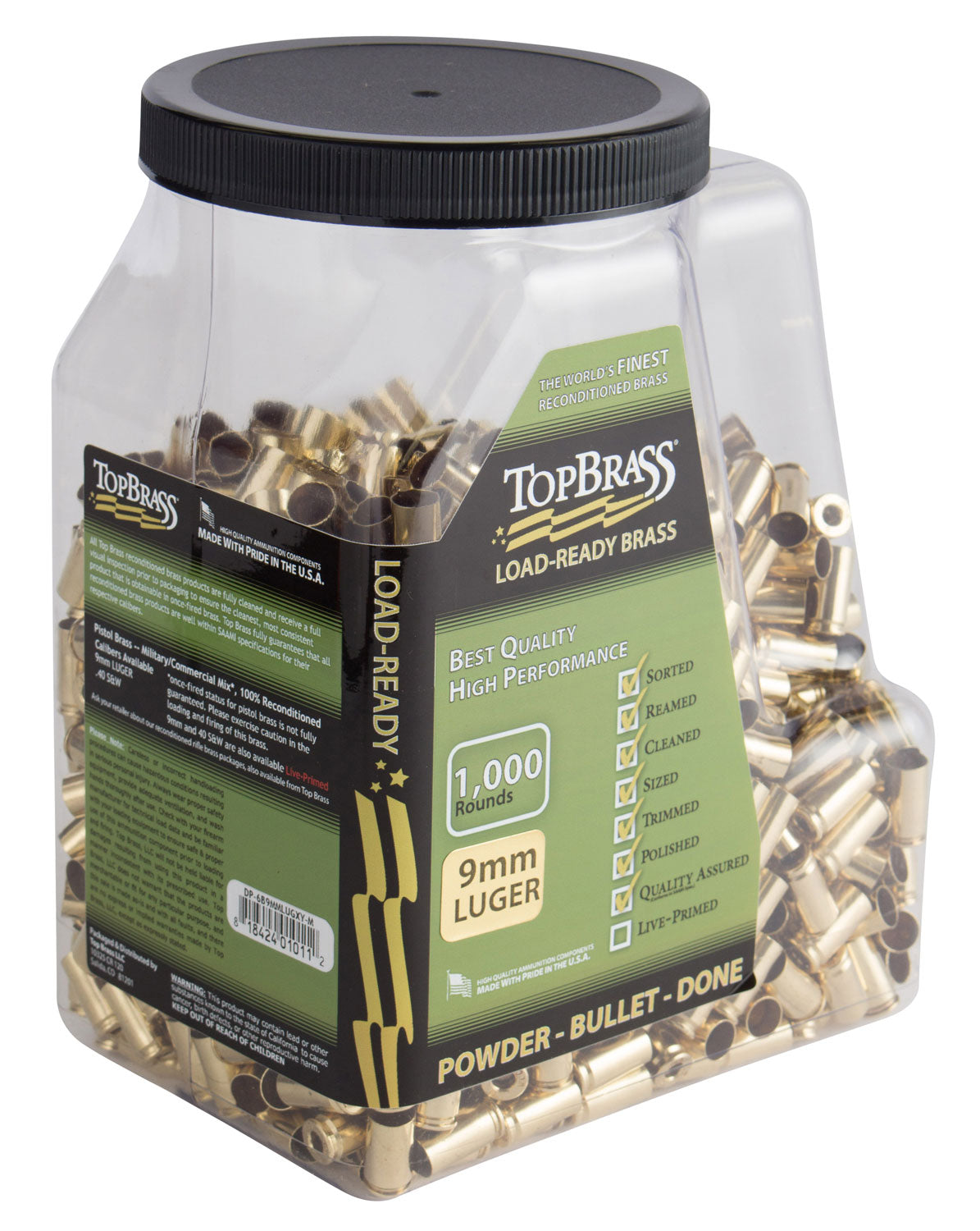 Top Brass 6B9MMLUGXYMJ Once-Fired Reconditioned 9mm Luger Unprimed Handgun Brass 1000/Jug