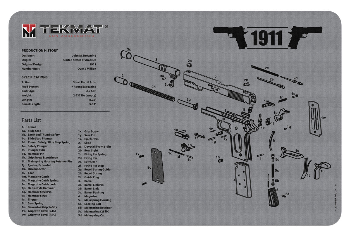 TekMat 1911 Gray Parts Diagram Gun Cleaning Mat 11"x17"