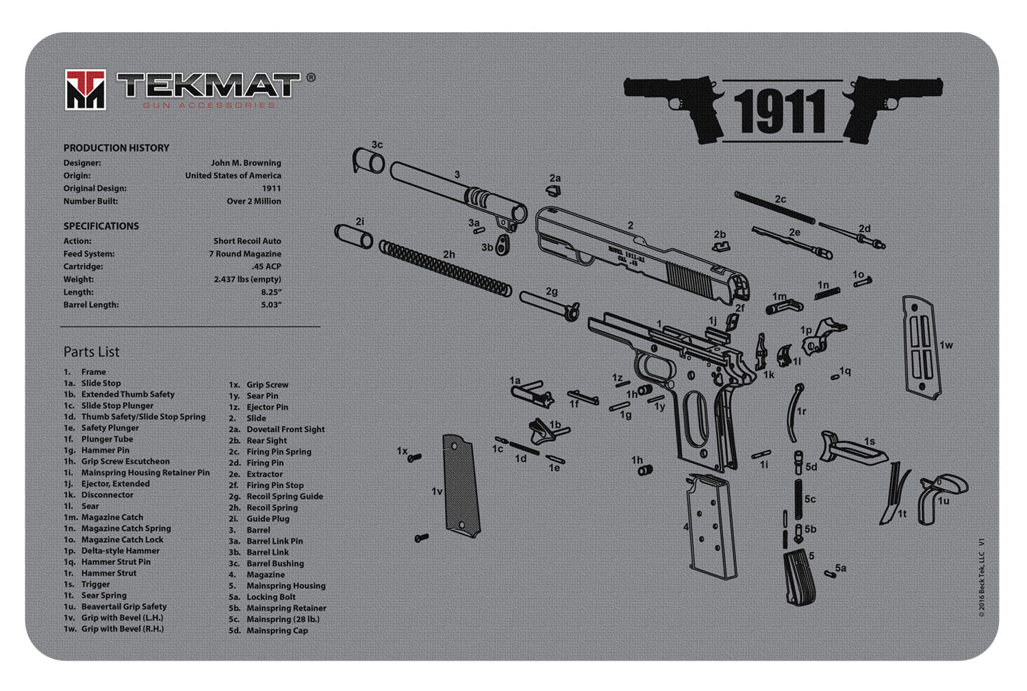 TekMat 1911 Gray Parts Diagram Gun Cleaning Mat 11"x17"