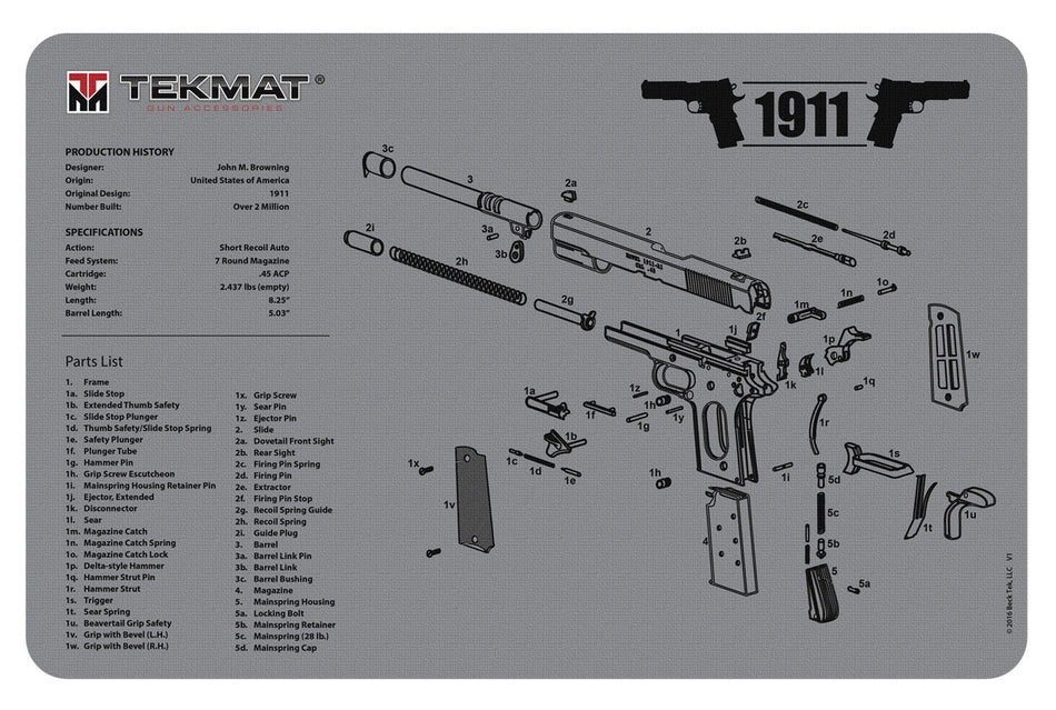 TekMat 1911 Gray Parts Diagram Gun Cleaning Mat 11"x17"