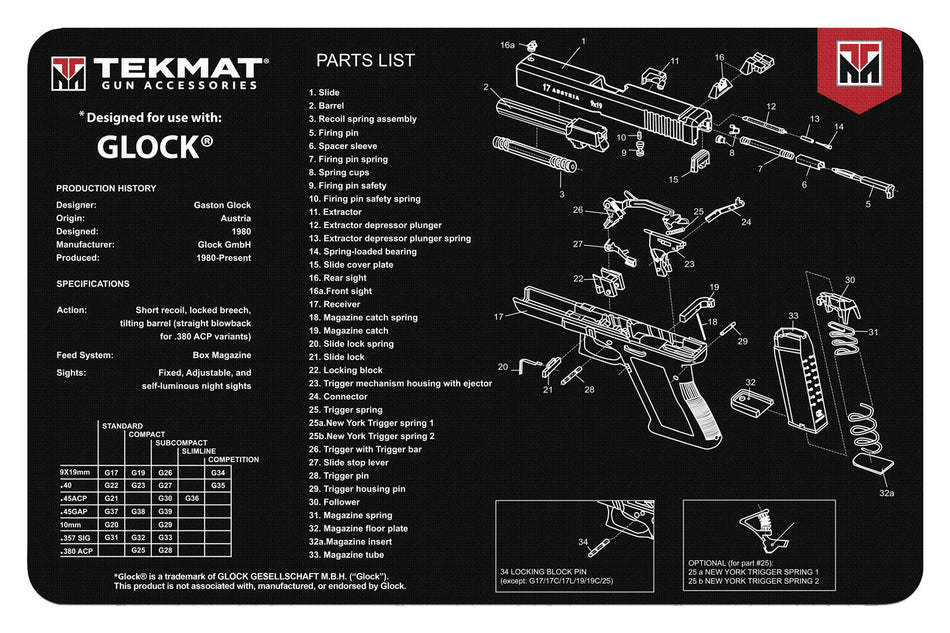 TekMat Glock Pistol Parts Diagram Gun Cleaning Mat Black White 11"x17"