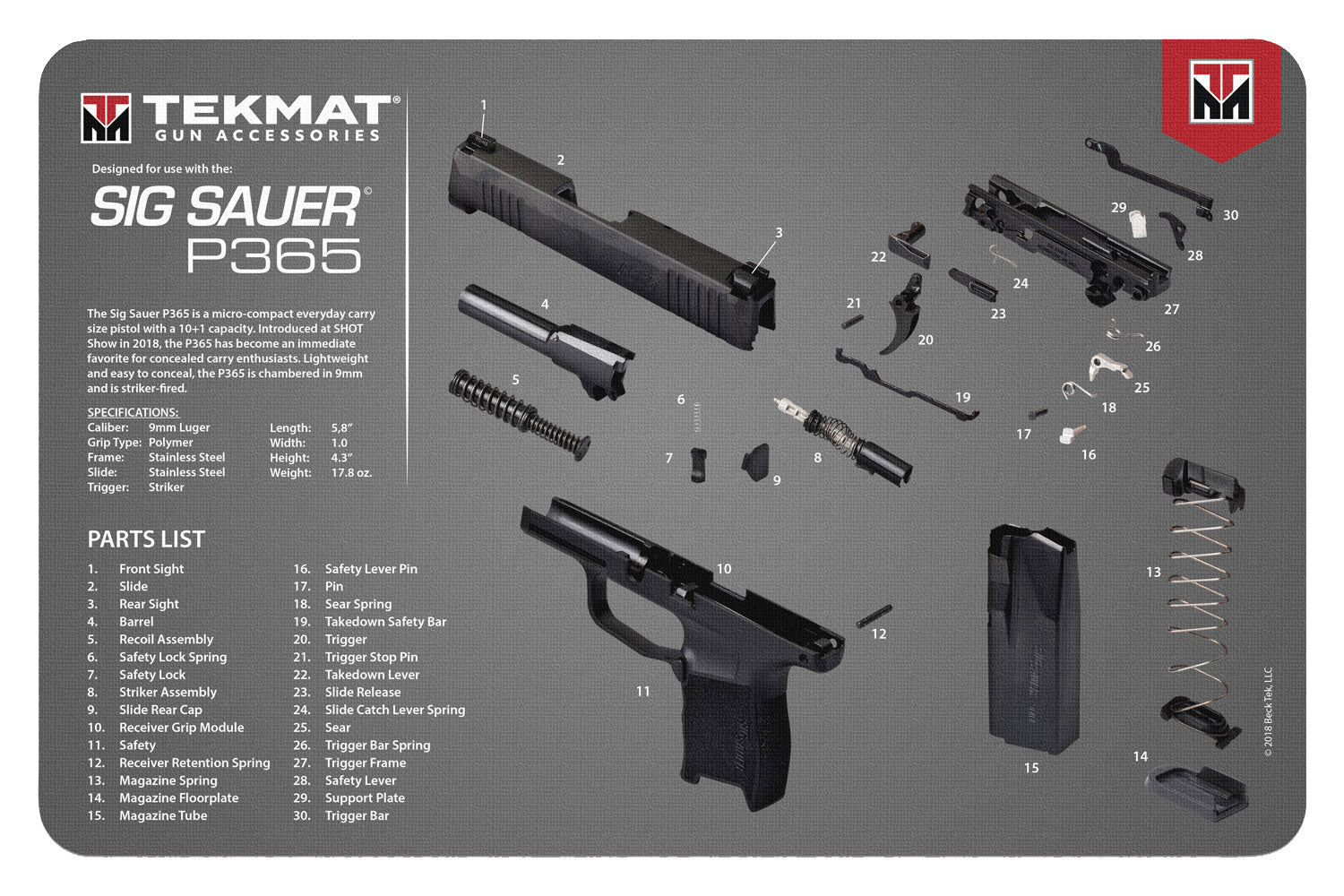 TekMat Sig P365 Diagram Gun Cleaning Mat Multi-Color Rubber 11"x17"