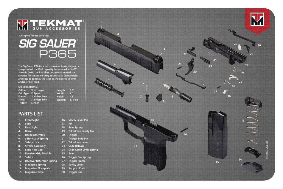 TekMat Sig P365 Diagram Gun Cleaning Mat Multi-Color Rubber 11"x17"