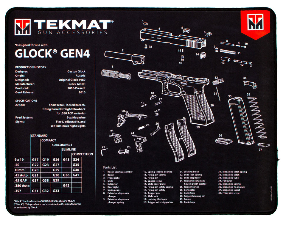TekMat TEKR20GLOCKG4 Glock Gen4 Ultra 20 Cleaning Mat 15"x20" Black/White Rubber