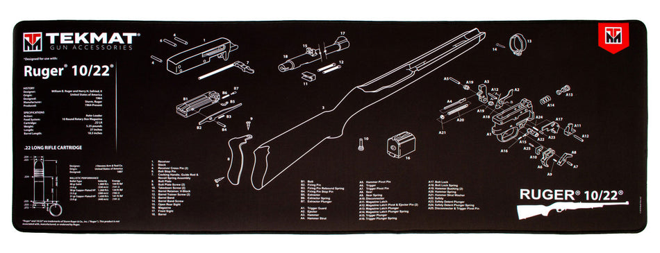 TekMat TEKR441022 Ruger 10-22 Ultra 44 Cleaning Mat 15"x44" Black/White Rubber
