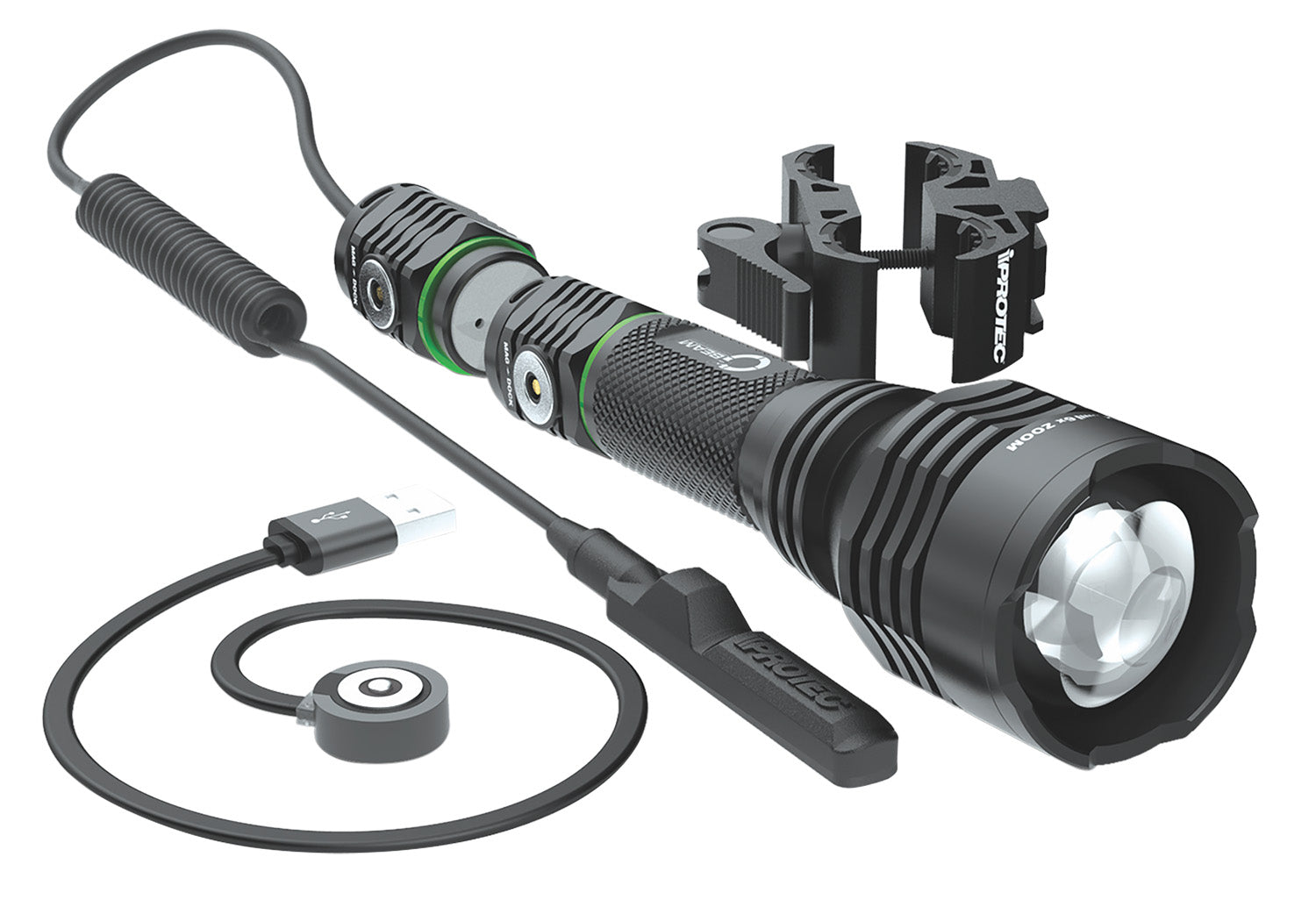 iProtec 6689 O2 Beam RC-Green Rechargeable Flashlight Black Anodized 400/40 Lumens Green LED