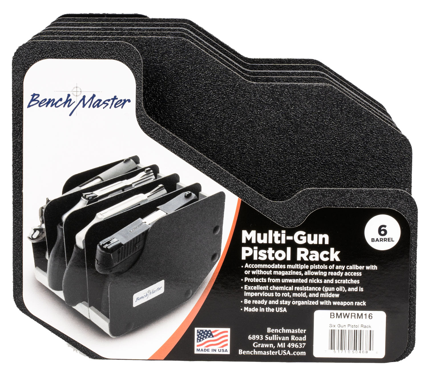 BenchMaster 6-Handgun Pistol Storage Rack, Kydex Dividers and Foam Cushion, Black