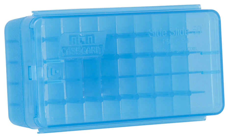 MTM Case-Gard Side-Slide Pistol Ammo Storage Box Multi-Caliber Clear Blue 50 Round
