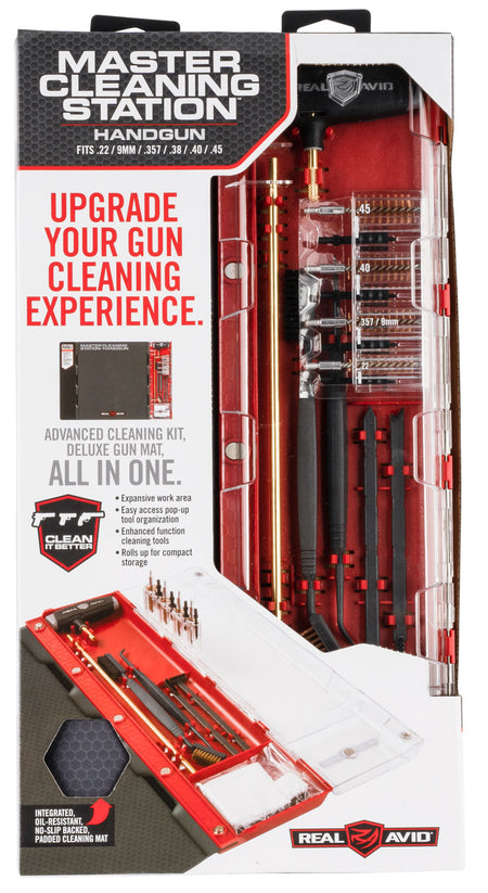 Real Avid AVMCSP Pistol Master Cleaning Station .22 to .45 Cal Handgun with Bronze Nylon Bristles