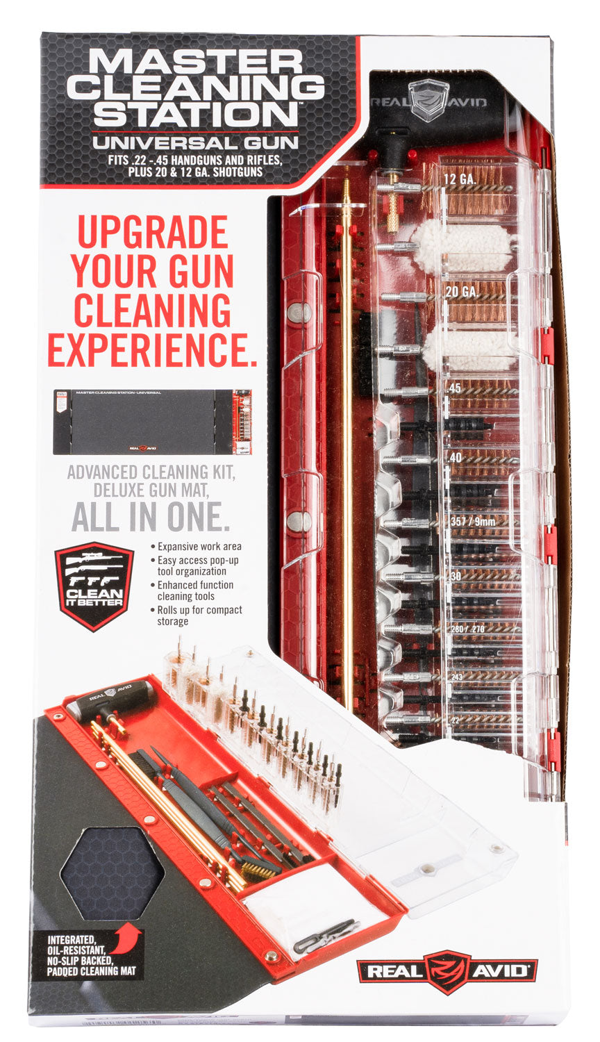 Real Avid AVMCSU Universal Rifle Shotgun Cleaning Station with Bronze and Nylon Bristles Black Red