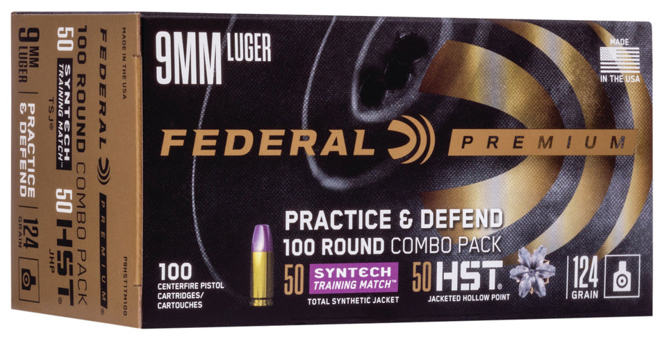Federal 9mm Luger/Parabellum P9HST1TM100 Premium Defense Syntech Practice & Defend HST JHP/Syntech TSJ 124 Grain
