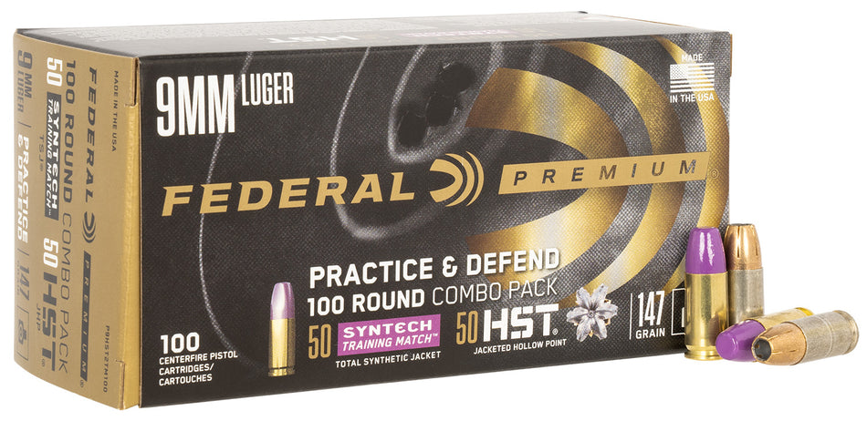Federal 9mm Luger/Parabellum P9HST2TM100 Premium Defense Syntech Practice & Defend HST JHP/Syntech TSJ 147 Grain
