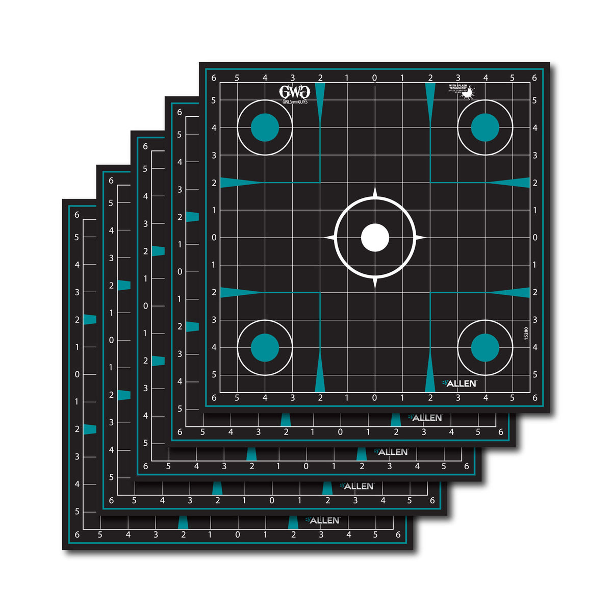 Girls With Guns Splash Self-Stick Grid Sight-In Target Black Teal 12x12 Inch 5 Pack