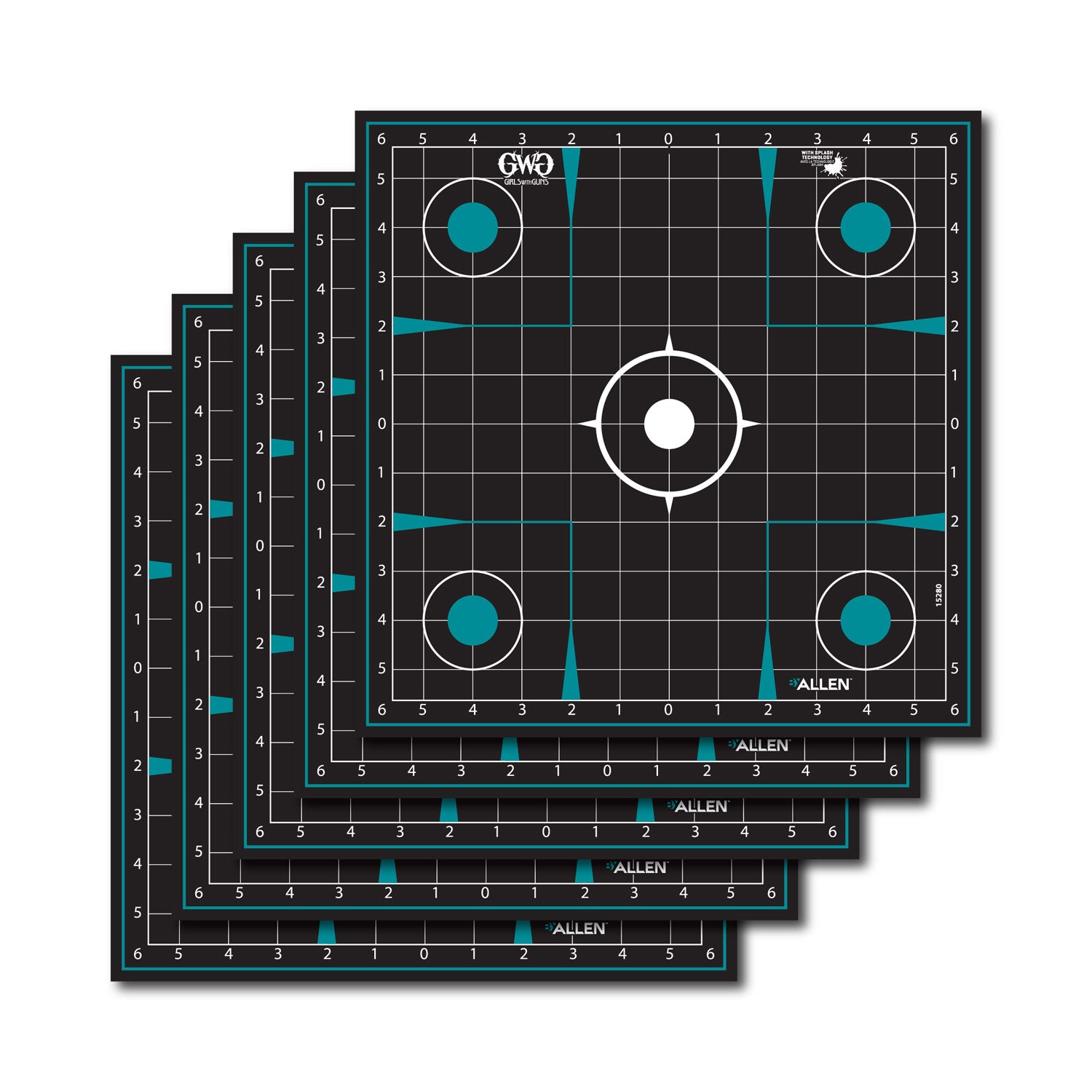 Girls With Guns Splash Self-Stick Grid Sight-In Target Black Teal 12x12 Inch 5 Pack