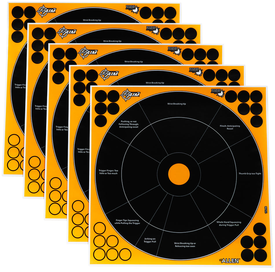 EZ-Aim Splash Reactive Adhesive 12-Inch Bullseye Shooting Targets, Black/Orange, Pack of 5