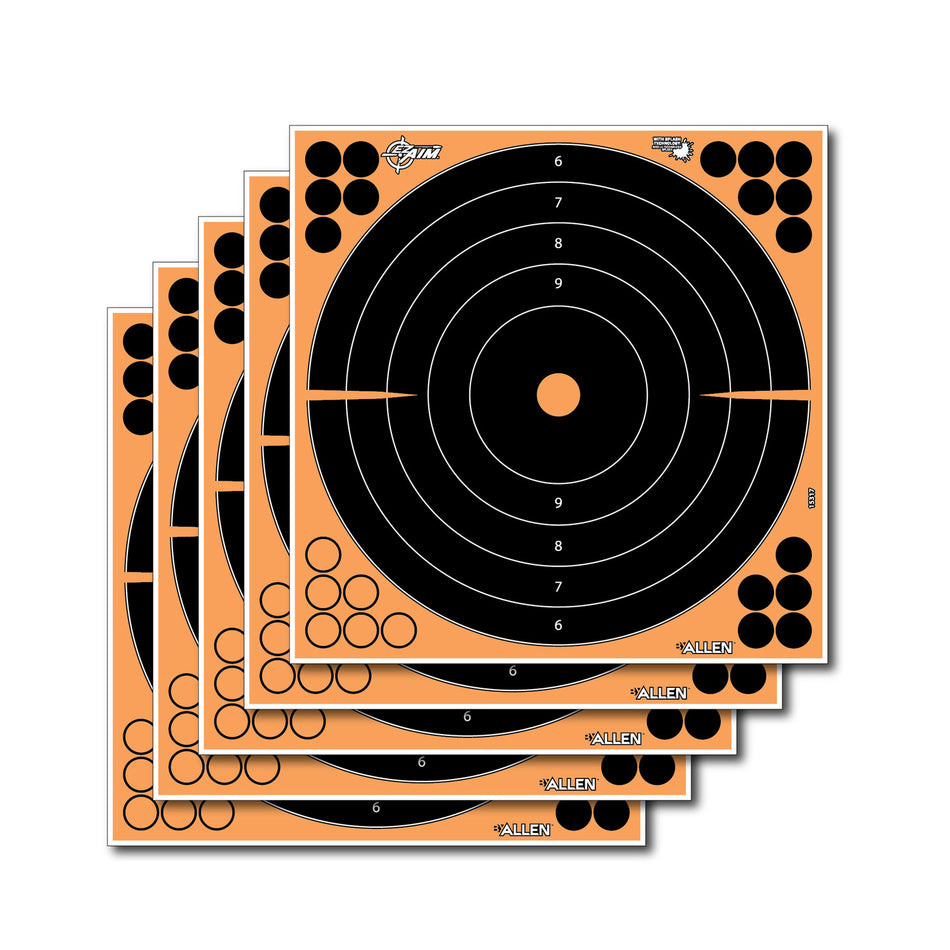 EZ-Aim Splash Reactive Adhesive 12-Inch Bullseye Shooting Targets, Black/Orange, 5 Count
