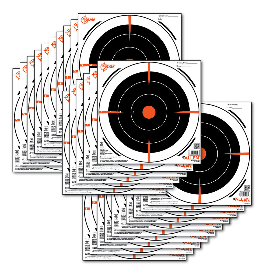 EZ-Aim 15246 Bullseye Paper Hanging Target 8" x 8" Black/Orange/White 26 Pack