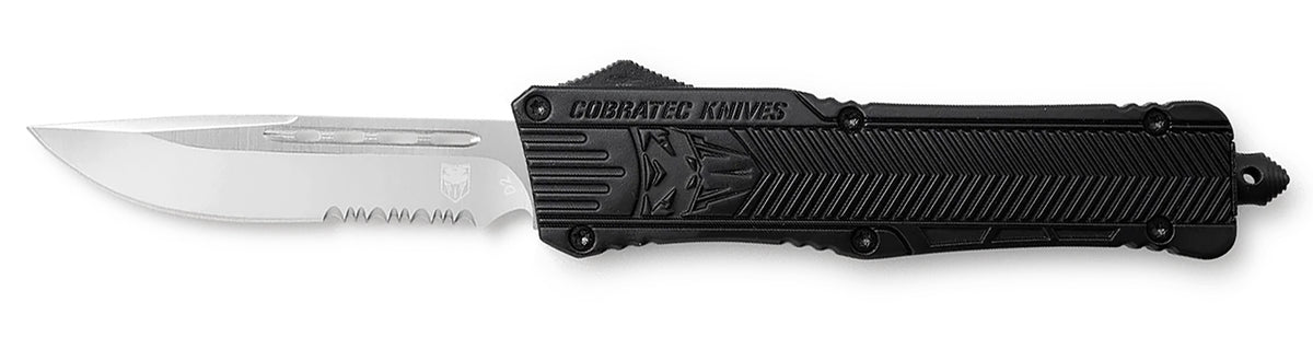 CobraTec LBCTK1LDS CTK-1 Large OTF 3.75" Part Serrated Drop Point D2 Blade Black Handle Glass Breaker Pocket Clip