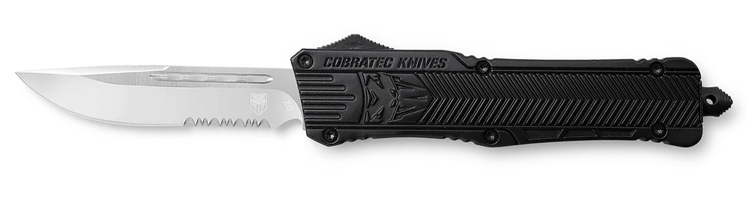 CobraTec LBCTK1LDS CTK-1 Large OTF 3.75" Part Serrated Drop Point D2 Blade Black Handle Glass Breaker Pocket Clip