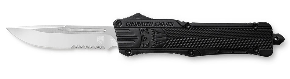CobraTec LBCTK1LDS CTK-1 Large OTF 3.75" Part Serrated Drop Point D2 Blade Black Handle Glass Breaker Pocket Clip