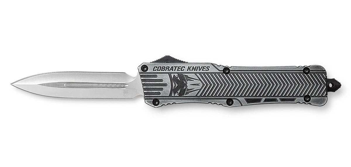 CobraTec CTK-1 Large 3.75" OTF Plain Dagger D2 Steel Stonewashed Aluminum Handle Glass Breaker Pocket Clip