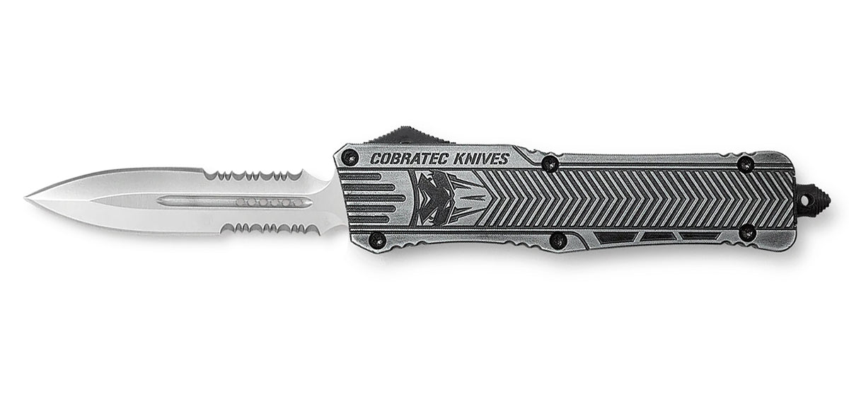 CobraTec CTK-1 Large 3.75" OTF Part Serrated Dagger D2 Blade Stonewashed Aluminum Handle Glass Breaker Pocket Clip