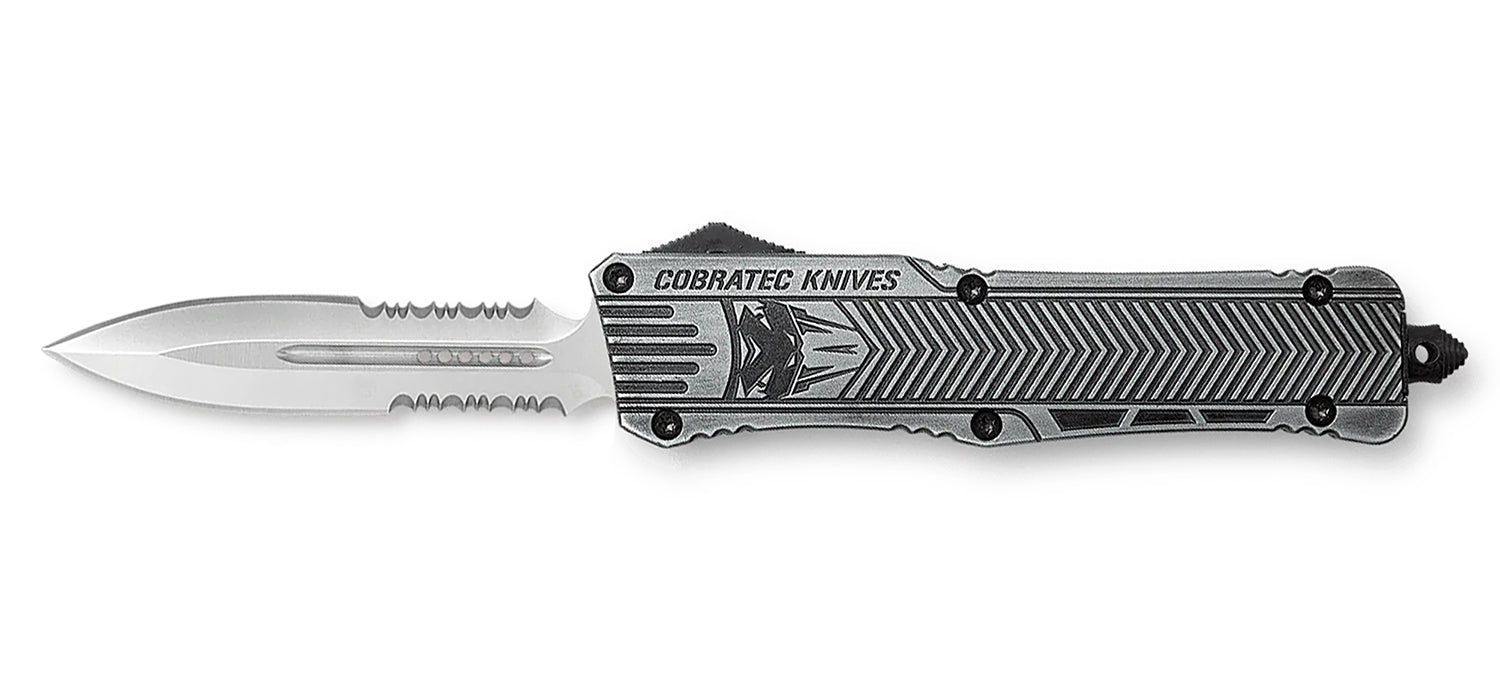 CobraTec CTK-1 Large 3.75" OTF Part Serrated Dagger D2 Blade Stonewashed Aluminum Handle Glass Breaker Pocket Clip