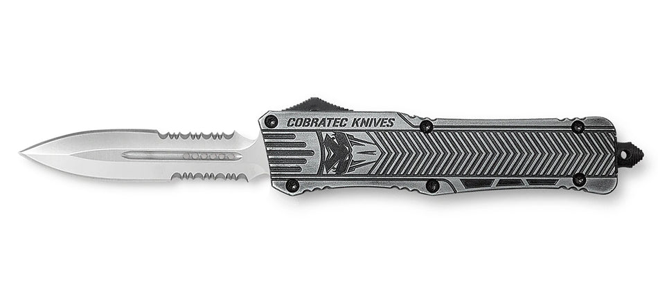 CobraTec CTK-1 Large 3.75" OTF Part Serrated Dagger D2 Blade Stonewashed Aluminum Handle Glass Breaker Pocket Clip
