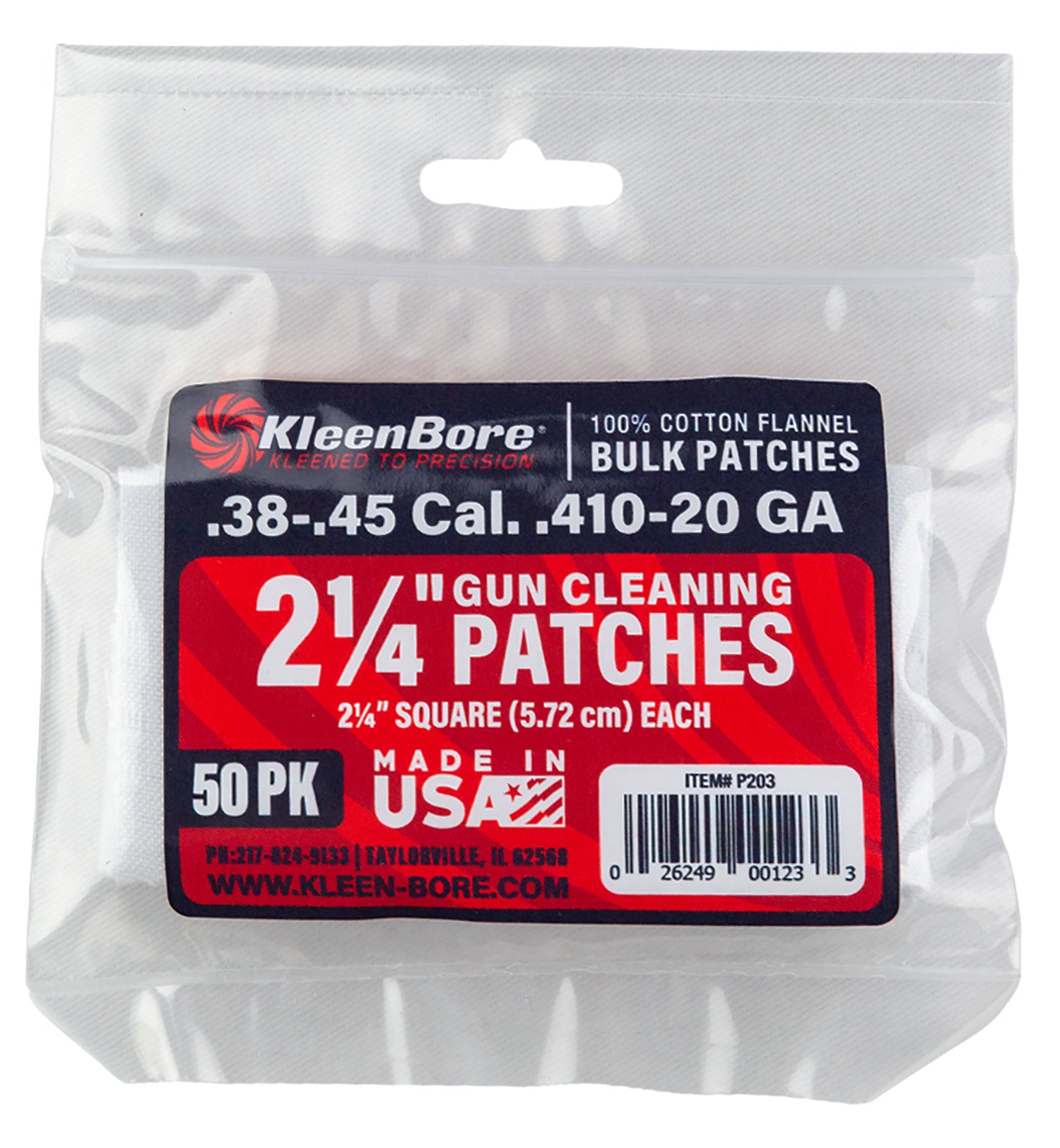 KleenBore P203 .38/.45 Cal .410/20 GA 2.25" Cotton Flannel Gun Cleaning Patches 50 Count