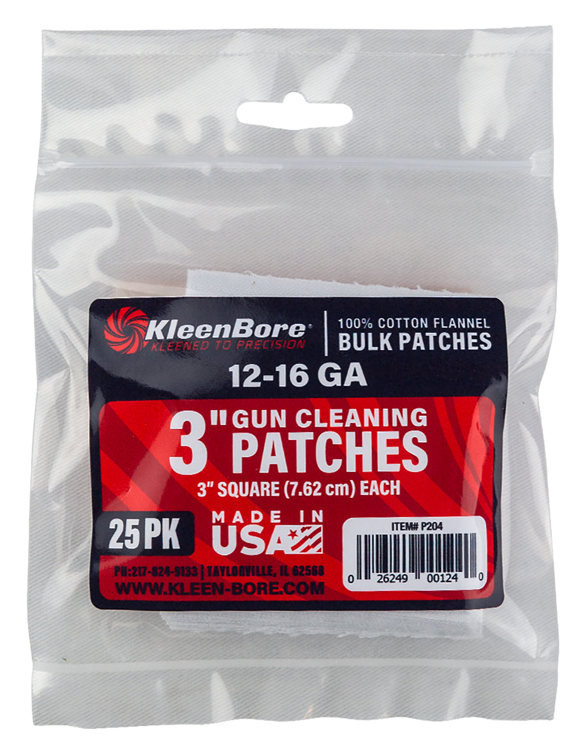 KleenBore P204 12-16 GA Shotgun 3" Cotton Flannel Gun Cleaning Patches 25 Count
