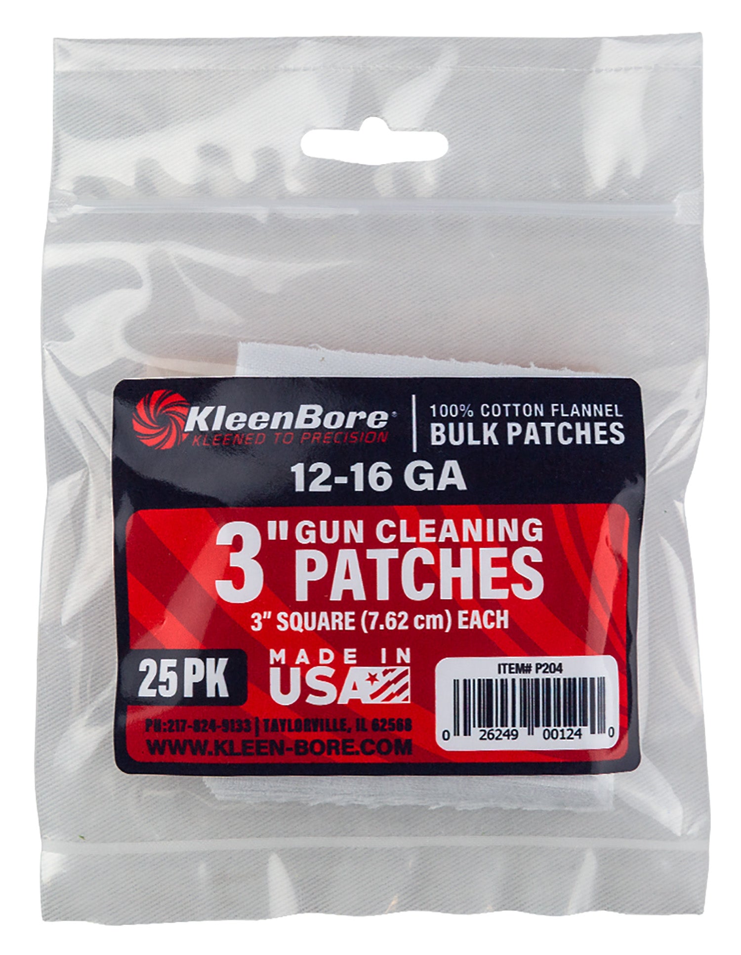 KleenBore P204 12-16 GA Shotgun 3" Cotton Flannel Gun Cleaning Patches 25 Count