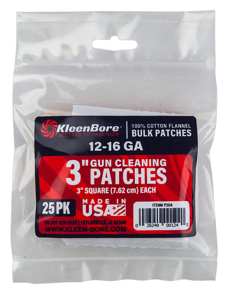 KleenBore P204 12-16 GA Shotgun 3" Cotton Flannel Gun Cleaning Patches 25 Count