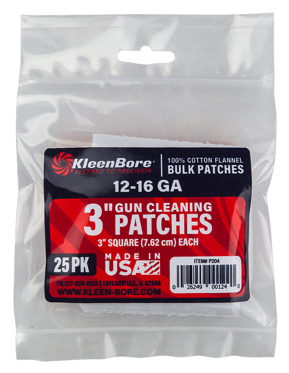 KleenBore P204 12-16 GA Shotgun 3" Cotton Flannel Gun Cleaning Patches 25 Count