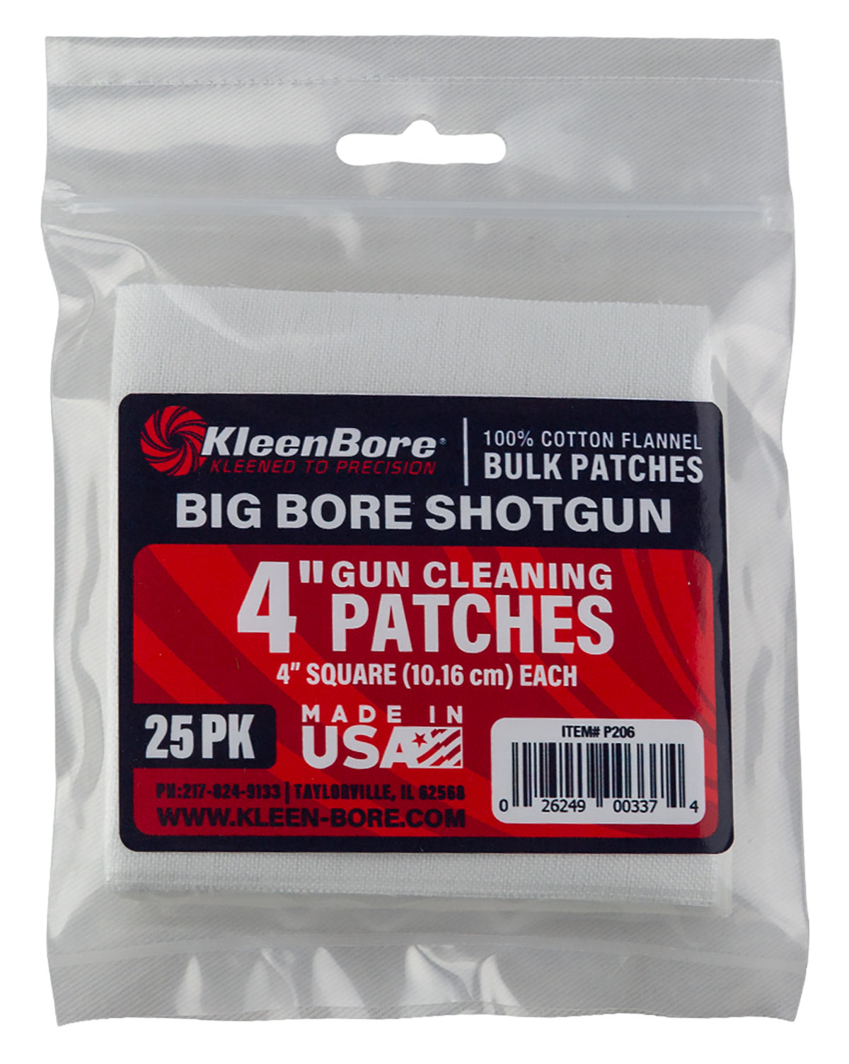 KleenBore P206 4" Cotton Flannel Cleaning Patches Big Bore Shotgun/37/40mm Launcher 25 Count