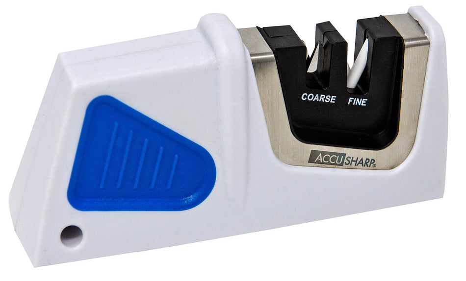 AccuSharp Pull-Through Blade Sharpener Fine Diamond Tungsten Carbide Ceramic Rods Blue White Handle