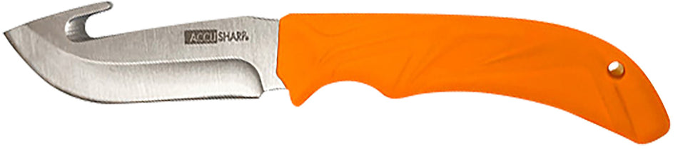 AccuSharp 729C 3.50" Gut Hook Fixed Blade Knife - Blaze Orange Non-Slip Handle with Belt Pouch