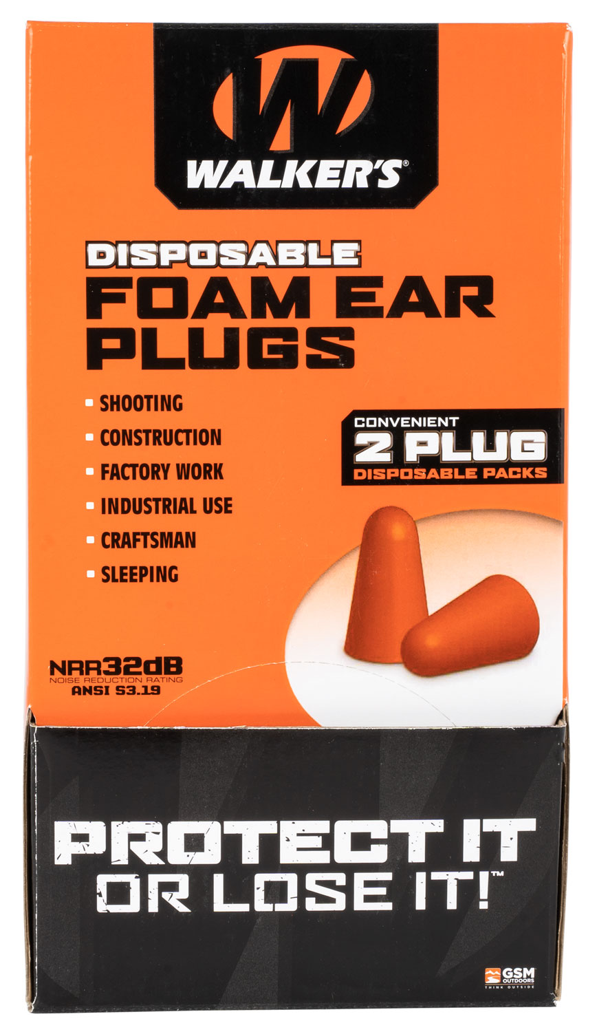 Walker's GWPFOAMPLUG Disposable Foam Ear Plugs Display 32 dB 100 Pair Orange