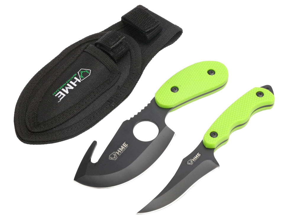 HME 2-Piece Skinning Knife Kit Fixed Blade 3.50" Gut Hook and Caper 420HC Steel Black Oxide Finish Green TPR Handle