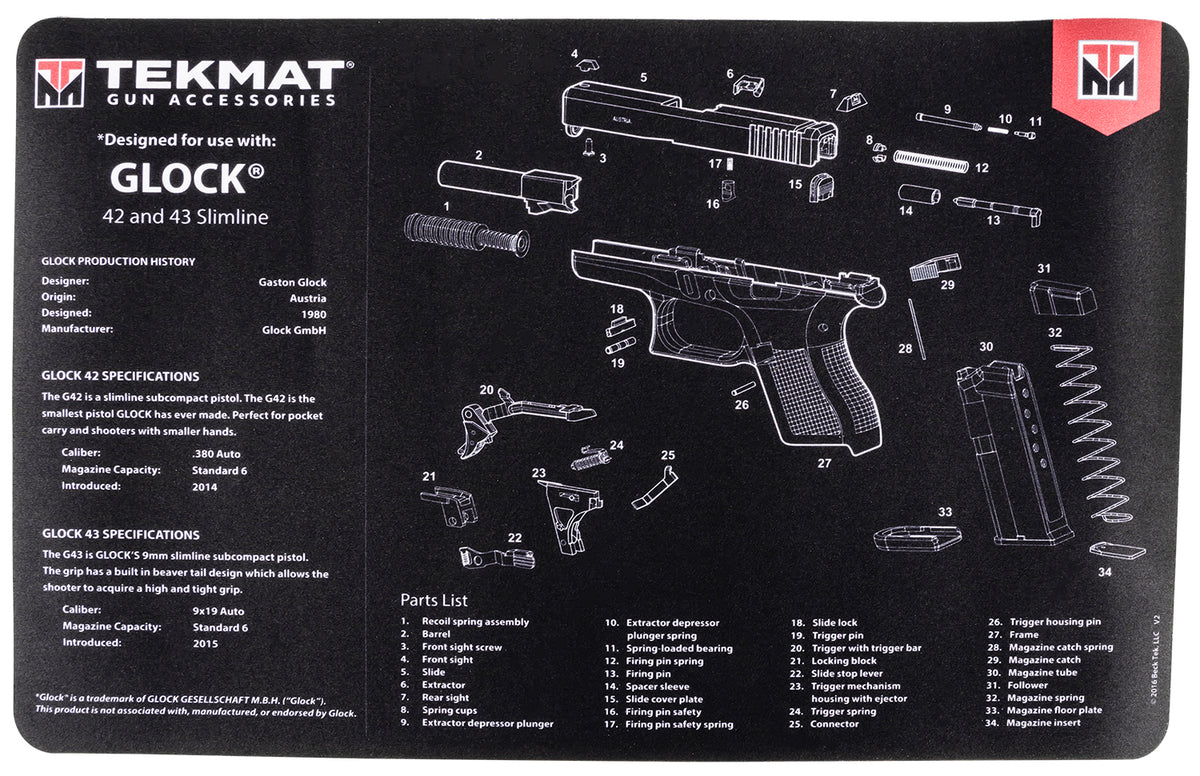 TekMat TEKR17GLOCK4243 Glock 42/43 Cleaning Mat 11"x17" Black/White Rubber